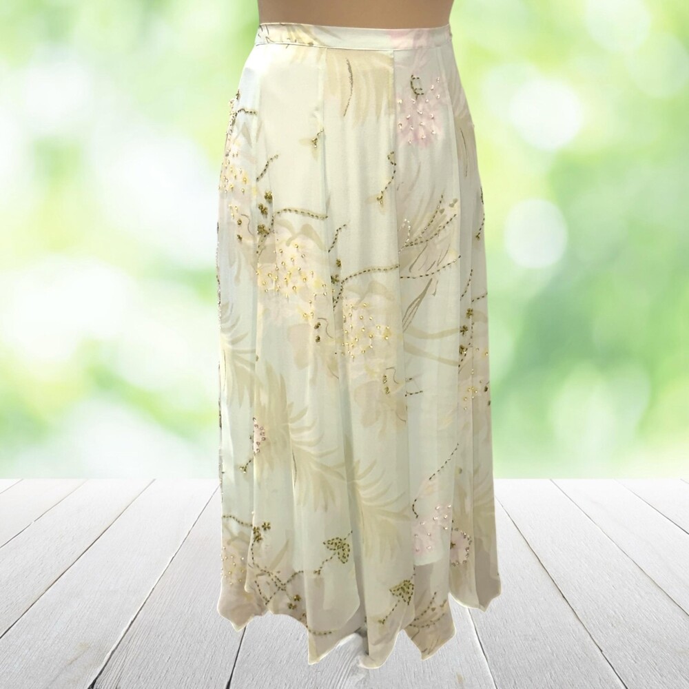 Vintage Y2K DRAPERS & DAMONS Silk Maxi Skirt Beaded Floral Handkerchief Hem Sz 8